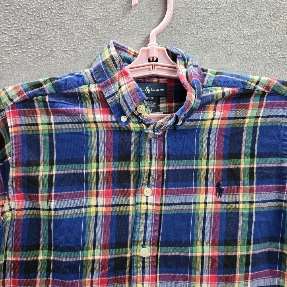 Ralph Lauren Boys Button Up Shirt M(1012) Blue Madras Polo Logo Embroidery Plaid